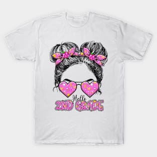 Kids Hello Second Grade Messy Bun Girls 2nd Grade Back To School T-Shirt